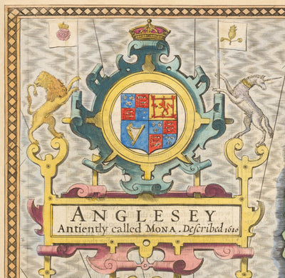 Ancienne carte de Anglesey Wales, 1611 par John Speed ​​- Holyhead, Llanfairpwllgwyngyll, Bangor