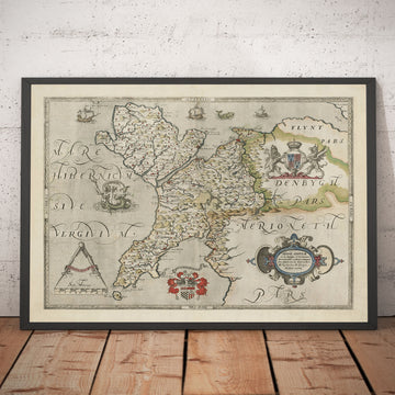 Erste Karte von Anglesey & Gwynedd, 1577 - Alte Karte von Christopher Saxton - Bangor, Holyhead, Conwy, Caernarfon, Llandudno 