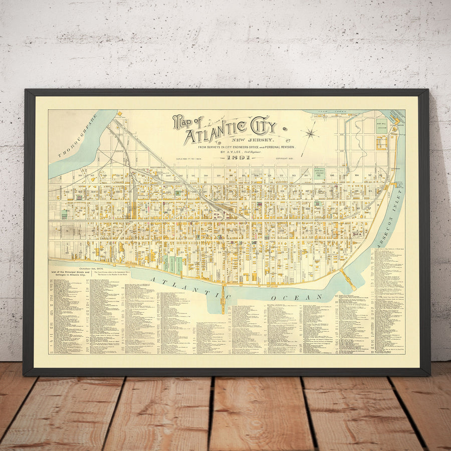 Mappa antica di Atlantic City, New Jersey, nel 1891 di AY Lee - Boardwalk, Pacific, Baltic, Atlantic, Delaware Avenue 