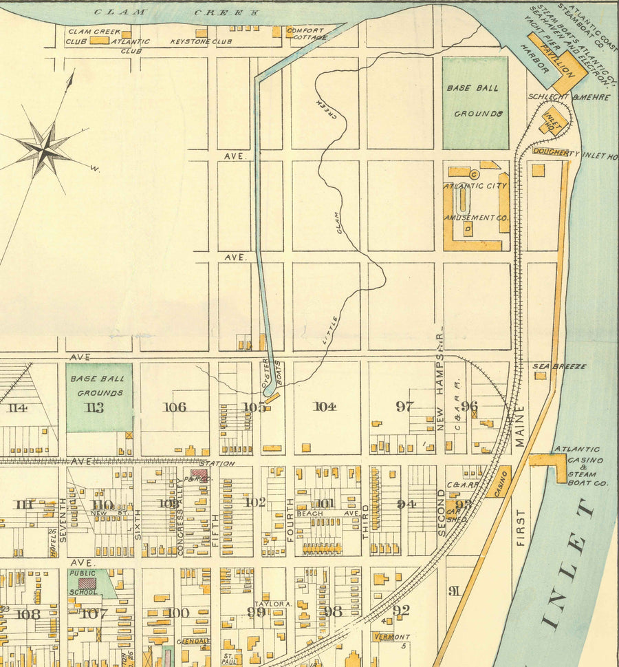 Mappa antica di Atlantic City, New Jersey, nel 1891 di AY Lee - Boardwalk, Pacific, Baltic, Atlantic, Delaware Avenue 