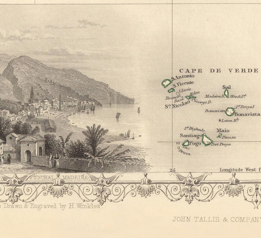 Mappa Antica delle Isole Atlantiche, 1851 di Tallis & Rapkin - Bermuda, Azzorre, Canarie, Tenerife, Madeira, Capo Verde 