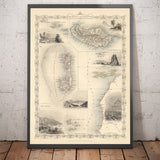 Old Map of Atlantic Islands, 1851 by Tallis & Rapkin - Bermuda, Azores, Canaries, Tenerife, Madeira, Cape Verde