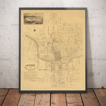 Rara mappa antica di Austin, Texas nel 1891 - Piano della città molto precoce, Capitole dello Stato, Ferrovia, UT Austin, Diga di Austin 