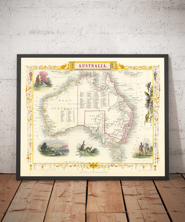 Old Map of Australia and Tasmania, 1851, by Tallis & Rapkin - Sydney, Melbourne, Perth