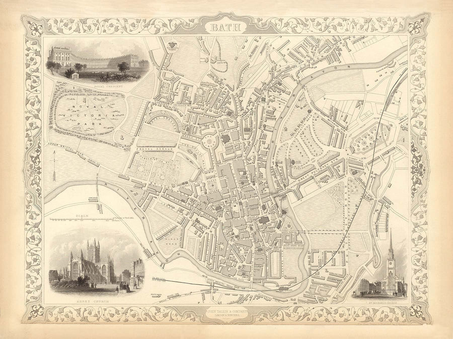Mappa antica di Bath di John Rapkin, 1851 - Circus, Royal Crescent, Abbey, Terme romane 