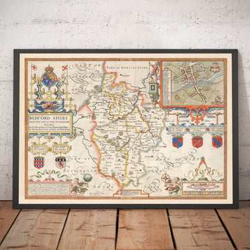 Antiguo mapa de Bedfordshire 1611 por John Speed - Bedford, Luton, Dunstable, St Neots, Leighton Buzzard