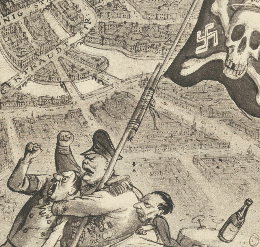 Mappa antica di Berlino, 1939 di Rex Whistler - Propaganda satirica della Seconda Guerra Mondiale - Hitler, Goebbels, Cherubini, Dea Britannia 