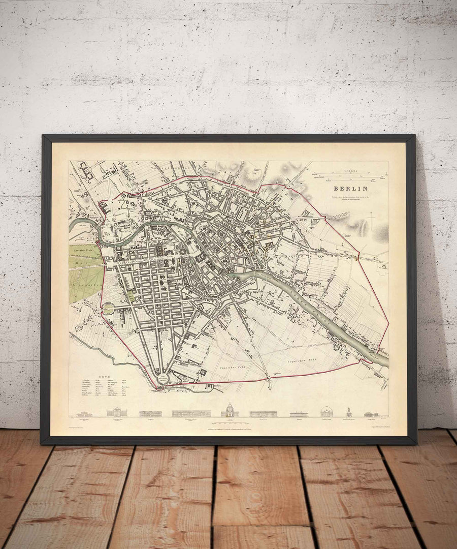 Mappa antica di Berlino nel 1833 di SDUK - Germania, Tiergarten, Alexanderplatz, Muro di Berlino, Porta di Brandeburgo 