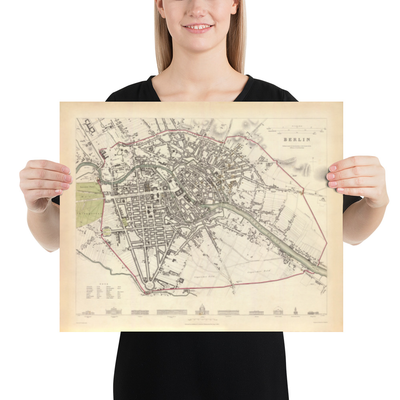 Ancienne carte de Berlin en 1833 par SDUK - Allemagne, Tiergarten, Alexanderplatz, Mur de Berlin, Porte de Brandebourg
