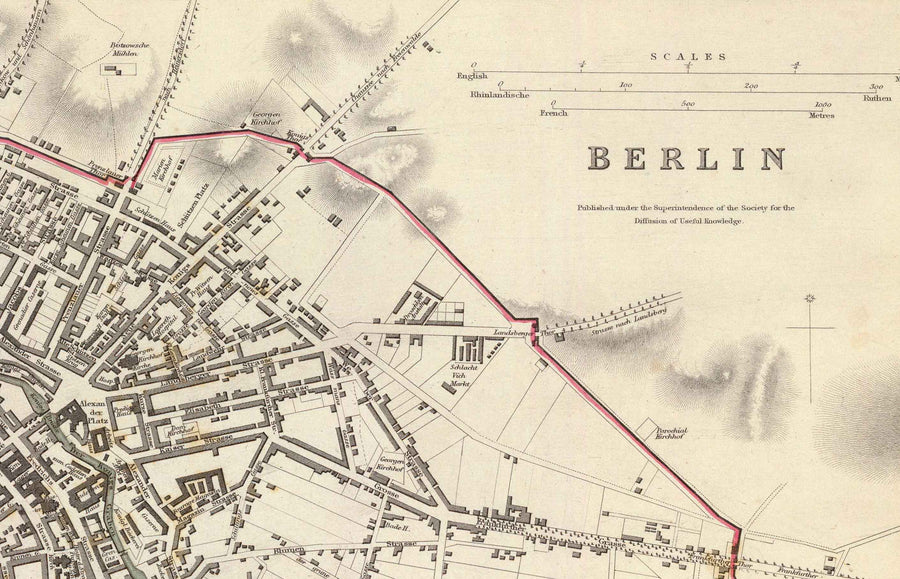 Mappa antica di Berlino nel 1833 di SDUK - Germania, Tiergarten, Alexanderplatz, Muro di Berlino, Porta di Brandeburgo 
