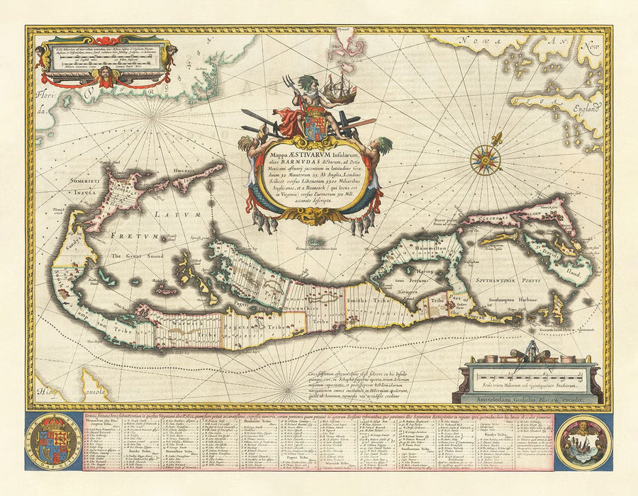 Antica mappa delle Bermuda, 1640 di Willem Blaeu - Tribù e parrocchie delle Somers Isles 