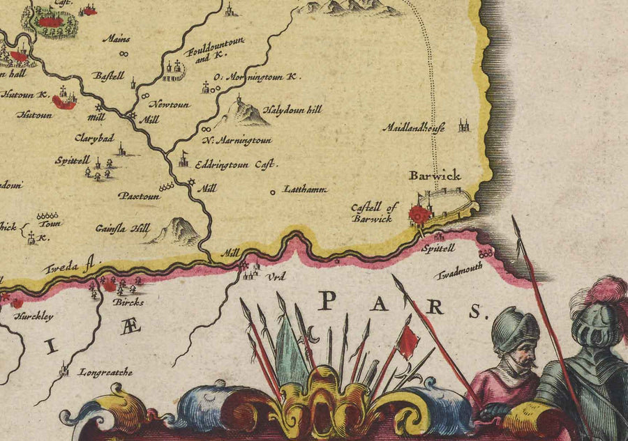 Mappa antica di Berwickshire nel 1665 di Joan Blaeu - Eyemouth, Ayton, Coldingham, Tweedmouth, Hutton 