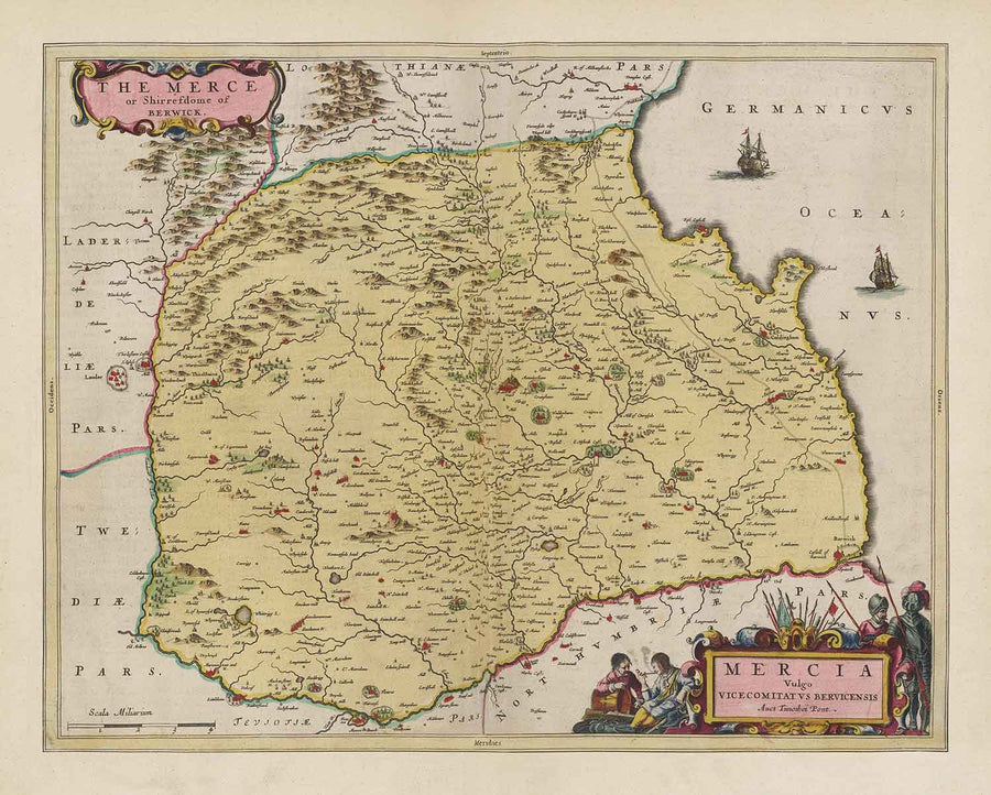 Mappa antica di Berwickshire nel 1665 di Joan Blaeu - Eyemouth, Ayton, Coldingham, Tweedmouth, Hutton 