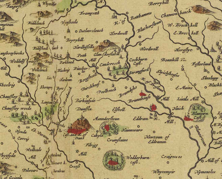 Mappa antica di Berwickshire nel 1665 di Joan Blaeu - Eyemouth, Ayton, Coldingham, Tweedmouth, Hutton 