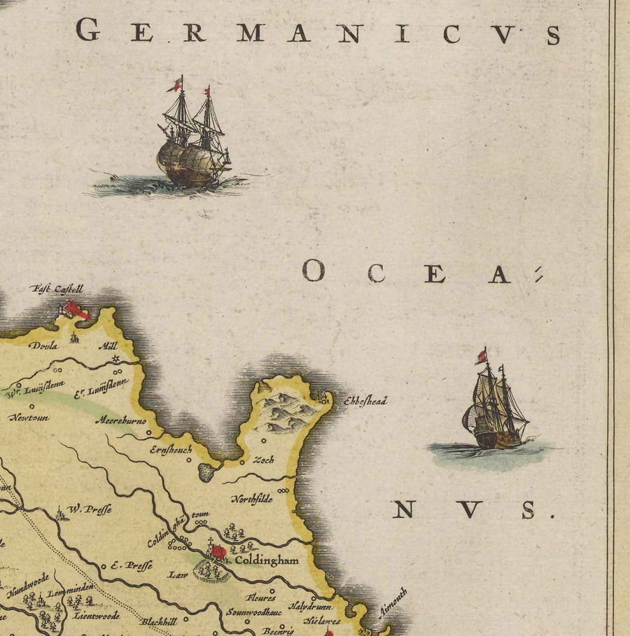 Mappa antica di Berwickshire nel 1665 di Joan Blaeu - Eyemouth, Ayton, Coldingham, Tweedmouth, Hutton 