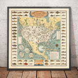 Ancienne carte picturale des États-Unis pour le gros gibier, 1936 - Alaska, Floride, Michigan, Minnesota, Louisiane