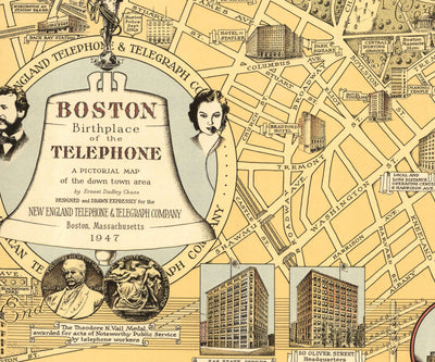Ancienne carte picturale de Boston, 1947 Ernest Dudley Chase - Naissance du téléphone, Graham Bell, Beacon Hill, centre-ville