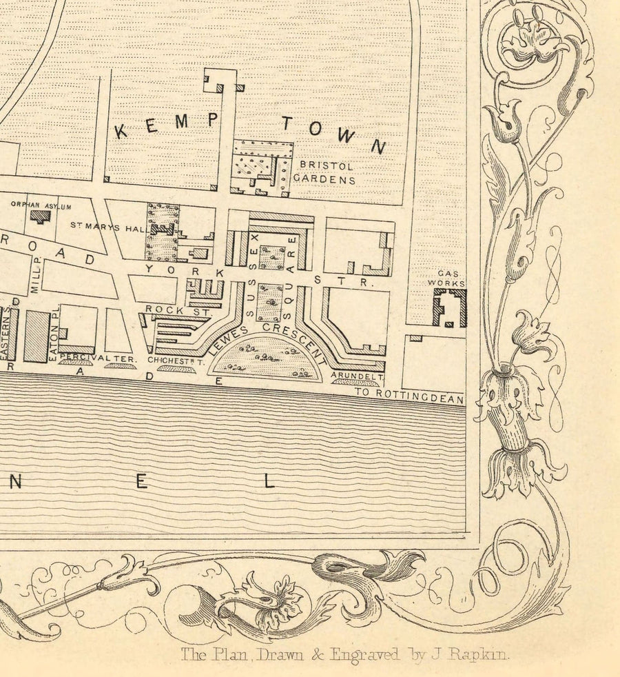 Mappa antica di Brighton nel 1851 di J. & F. Tallis - Lanes, Pier, Parade, Old Steine, Kemptown, East Sussex 