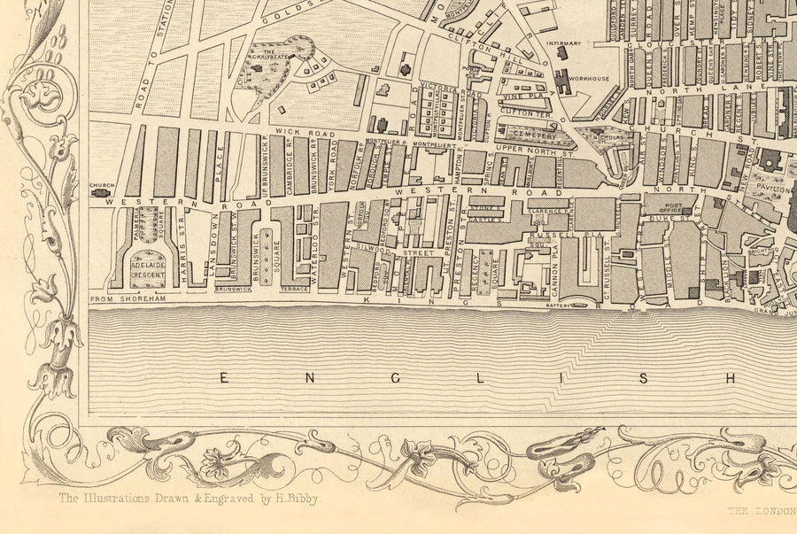 Mappa antica di Brighton nel 1851 di J. & F. Tallis - Lanes, Pier, Parade, Old Steine, Kemptown, East Sussex 