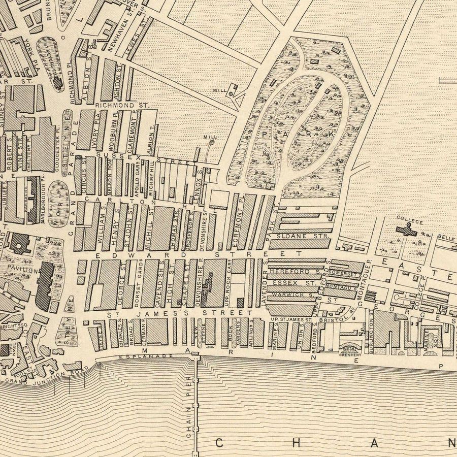 Mappa antica di Brighton nel 1851 di J. & F. Tallis - Lanes, Pier, Parade, Old Steine, Kemptown, East Sussex 