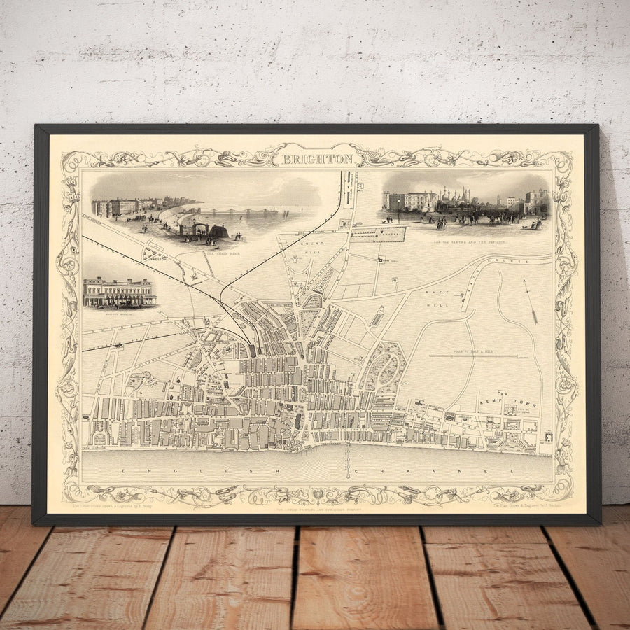 Mappa antica di Brighton nel 1851 di J. & F. Tallis - Lanes, Pier, Parade, Old Steine, Kemptown, East Sussex 