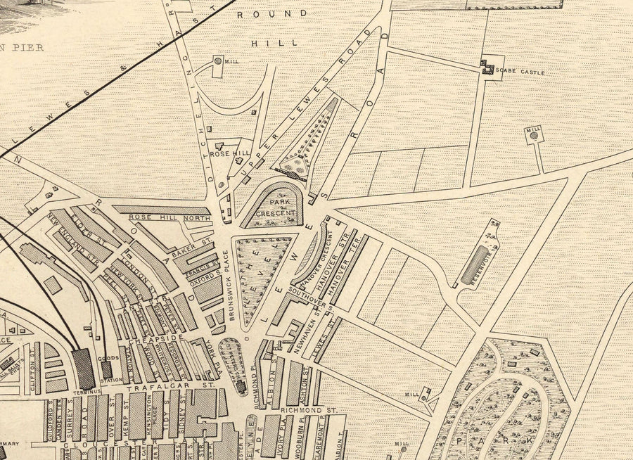 Mappa antica di Brighton nel 1851 di J. & F. Tallis - Lanes, Pier, Parade, Old Steine, Kemptown, East Sussex 
