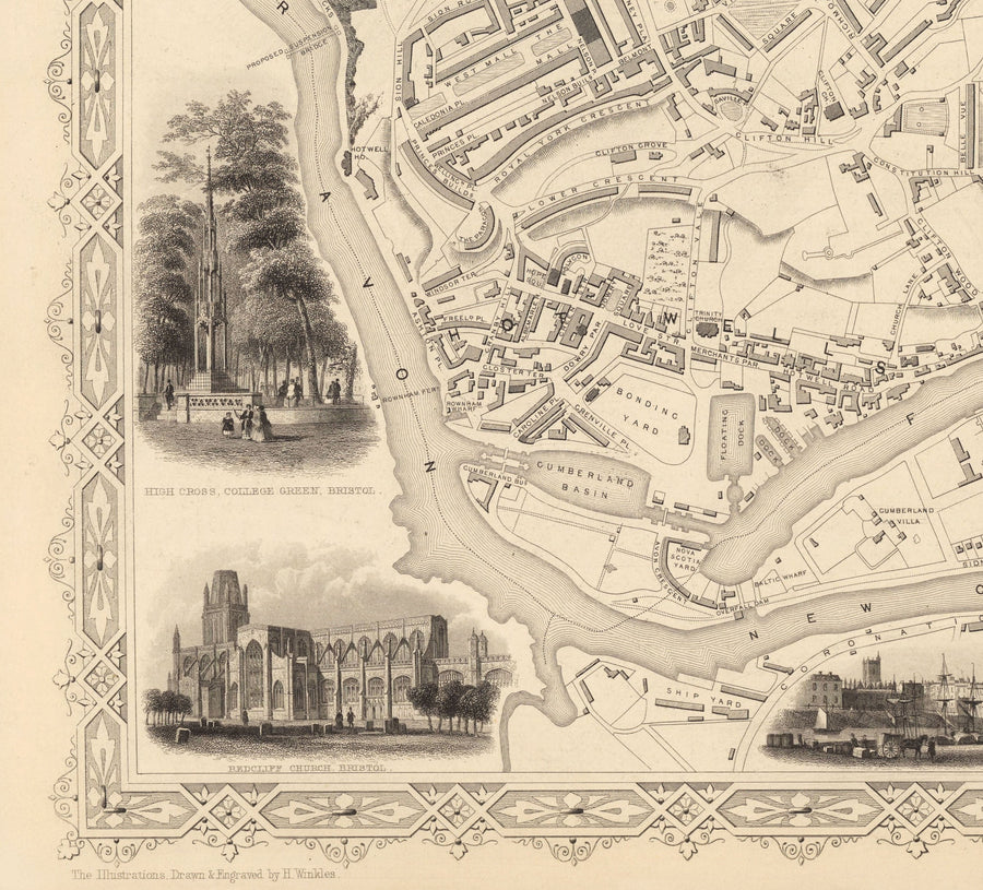 Mappa antica di Bristol nel 1851 di Tallis & Rapkin - Clifton, Temple Meads, Castle, Redcliffe 