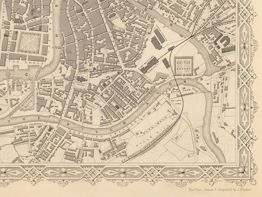 Mappa antica di Bristol nel 1851 di Tallis & Rapkin - Clifton, Temple Meads, Castle, Redcliffe 