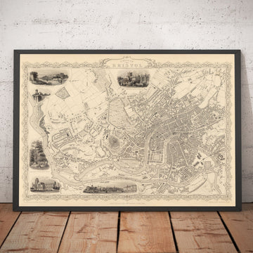Antiguo mapa de Bristol en 1851 por Tallis & Rapkin - Clifton, Temple Meads, Castle, Redcliffe