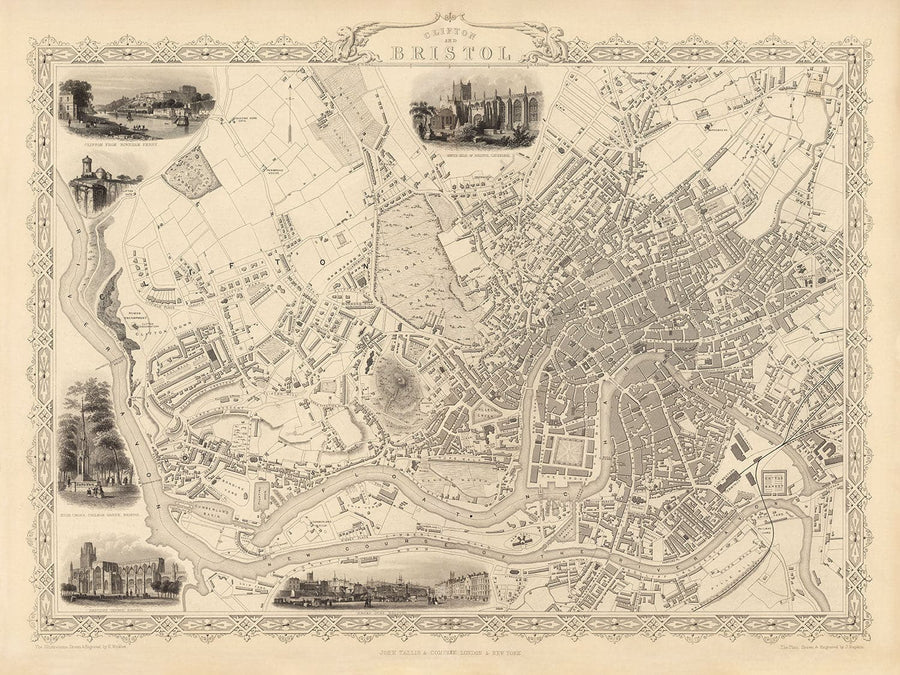 Mappa antica di Bristol nel 1851 di Tallis & Rapkin - Clifton, Temple Meads, Castle, Redcliffe 