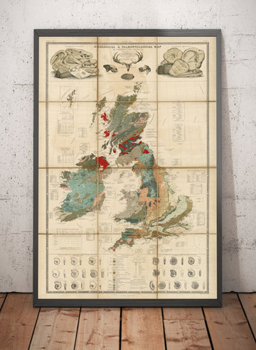 Old Geology & Fossil Map of the British Isles, 1854, by A.K. Johnston and Edward Forbes - UK, Scotland, Ireland, Palaeontology