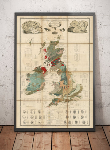 Old Geology & Fossil Map of the British Isles, 1854, by A.K. Johnston and Edward Forbes - UK, Scotland, Ireland, Palaeontology