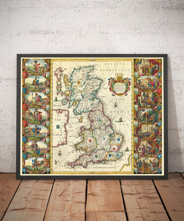 Alte Wikingerkarte von Großbritannien im Jahr 1645 von Jan Jansson - Angelsächsische Heptarchie in England, Schottland und Wales 