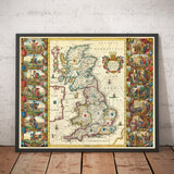 Ancienne carte viking de la Grande-Bretagne en 1645 par Jan Jansson - Héptarchie anglo-saxonne en Angleterre, Écosse et Pays de Galles 