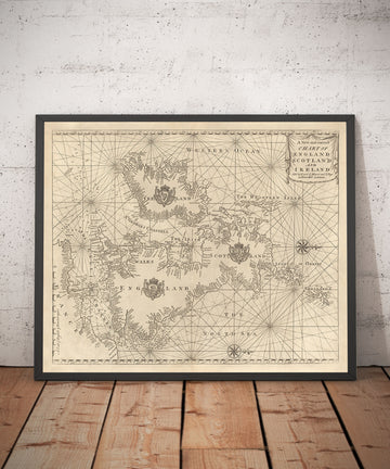 Antigua carta de navegación de las Islas Británicas, 1752 por Page & Mount - Puertos, distancias de navegación en leguas, Canal de la Mancha 