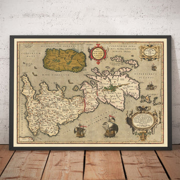 Viejo mapa de Islas Británicas por Abraham Ortelius, 1595 - Inglaterra, Irlanda, Gales, Escocia - Britannia, Hibernia