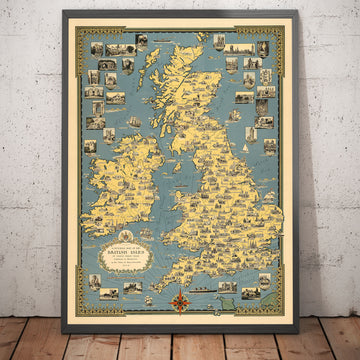 Old Pictorial Map of the British Isles, 1939 by Ernest Dudley Chase - Illustrated Landmarks, Cities, Five Nations