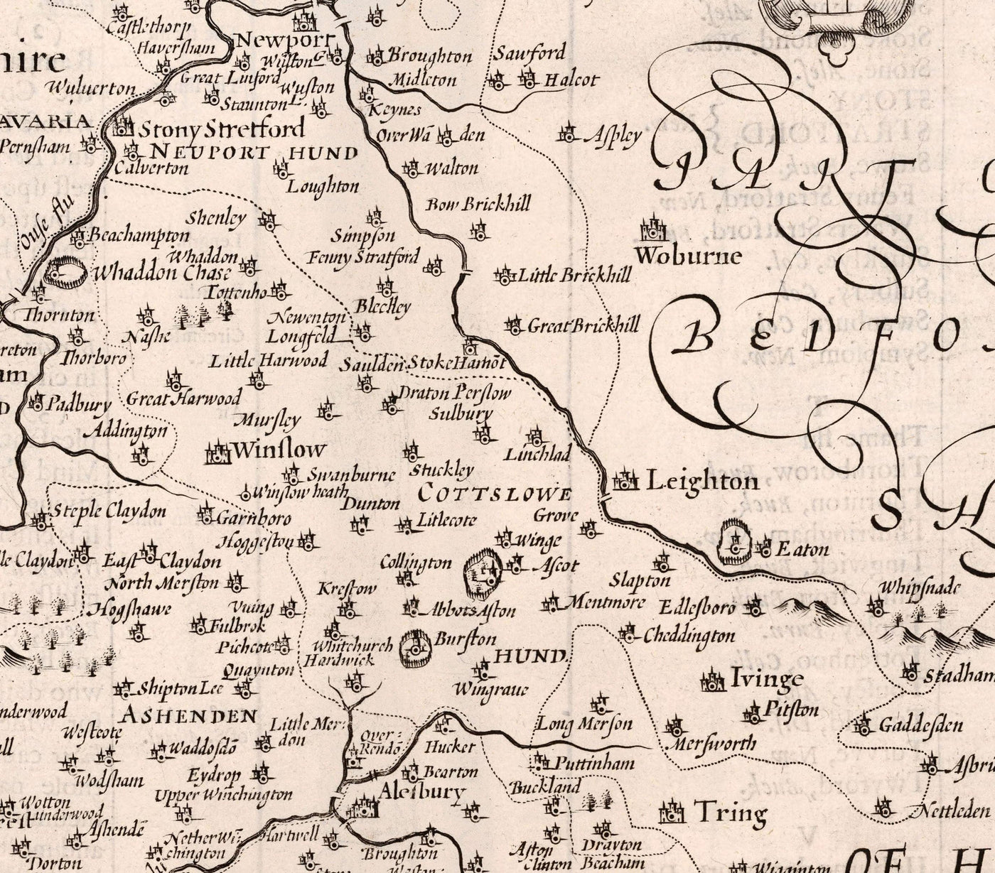 Vieille carte monochrome de Buckinghamshire en 1611 par John Speed ​​- High Wycombe, Amersham, Buckingham, Milton Keynes