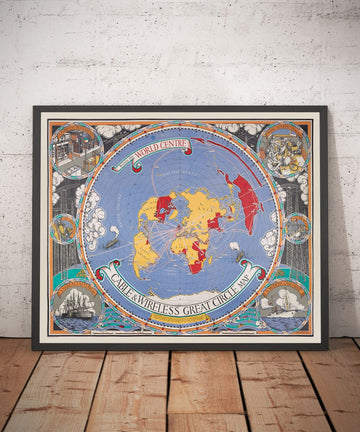 Mapa del Gran Círculo de Old Cable & Wireless, 1945 por Max Gill - Mapa de la Red Submarina del Imperio Británico de la Tierra Plana 