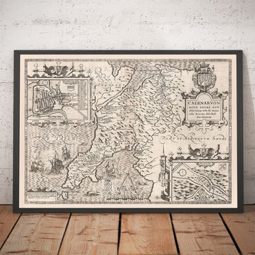 Antigua mapa monocromático de Caernarfonshire, Gales, 1611 por John Speed - Caernarfon, Snowdon, Gwynedd, Bangor, Conwy, Llandudno 