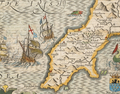 Ancienne carte du Pays de Galles Caernarfonshire, 1611 par John Speed - Caernarfon, Snowdon, Gwynedd, Bangor, Conwy, Llandudno