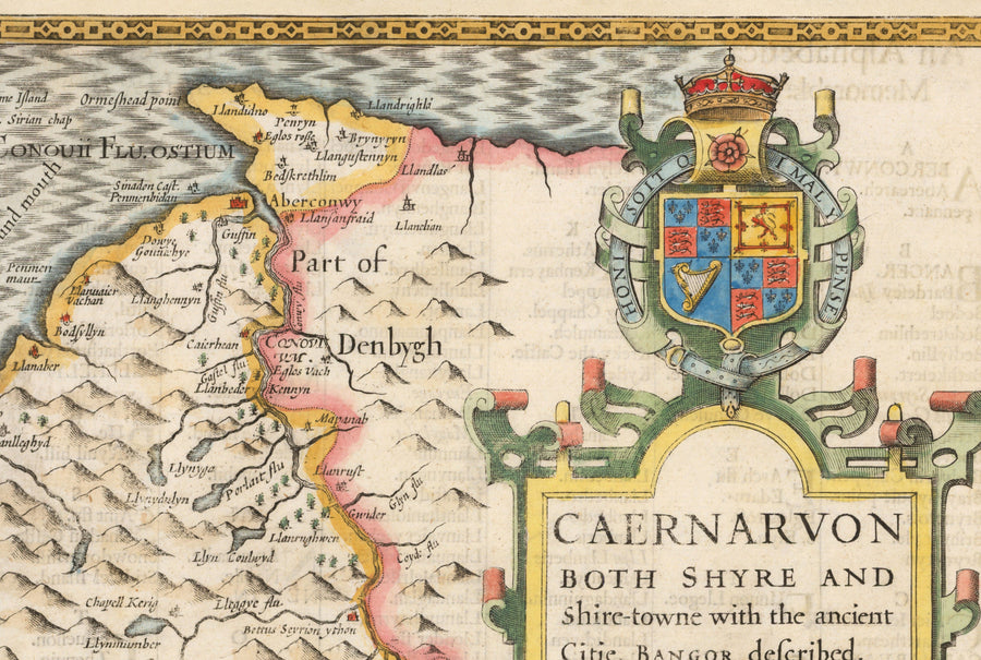 Mappa Antica di Caernarfonshire Wales, 1611 di John Speed - Caernarfon, Snowdon, Gwynedd, Bangor, Conwy, Llandudno 