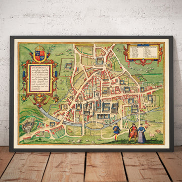 Mappa colorata antica di Cambridge e dei college universitari, 1575 di Georg Braun - Trinity, Kings, Queens, Clare, Peterhouse, Christ&