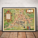 Ancienne carte en couleurs de Cambridge et des collèges universitaires, 1575, par Georg Braun - Trinity, Kings, Queens, Clare, Peterhouse, Christ's, Caius