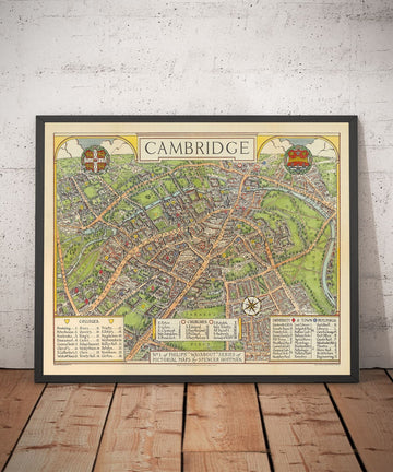 Mapa antiguo de Cambridge, 1929 - Trinidad, San Juan, Rey, Peterhouse, Jesús - Universidad y colegios