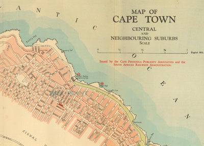 Antiguo mapa de Ciudad del Cabo, 1935 por los Ferrocarriles Sudafricanos - Ciudad Madre, Clifton, Camp Bay, Sea Point