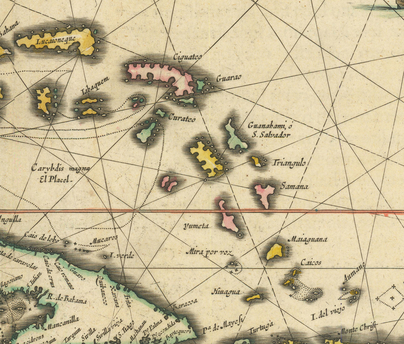 Mapa antiguo del Caribe en 1640 por Willem Blaeu - Cuba, Jamaica, República Dominicana, Puerto Rico, Las Bahamas