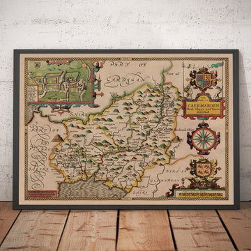 Viejo mapa de Carmarthenshire Gales, 1611 de John Speed ​​- Carmarthen, Llanelli, Llandavery