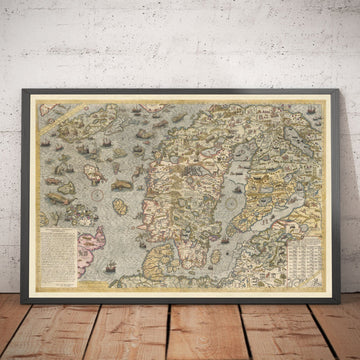 Old Map of Scandinavia, 1539 - Carta Marina by Olaus Magnus - Sea Monster Map - Nordic Countries Denmark, Sweden, Finland