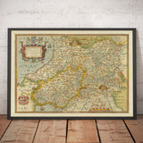 Primer mapa antiguo de Gales central en 1578 por Christopher Saxton - Powys, Ceredigion, Carmarthenshire, Aberystwyth, Cardigan